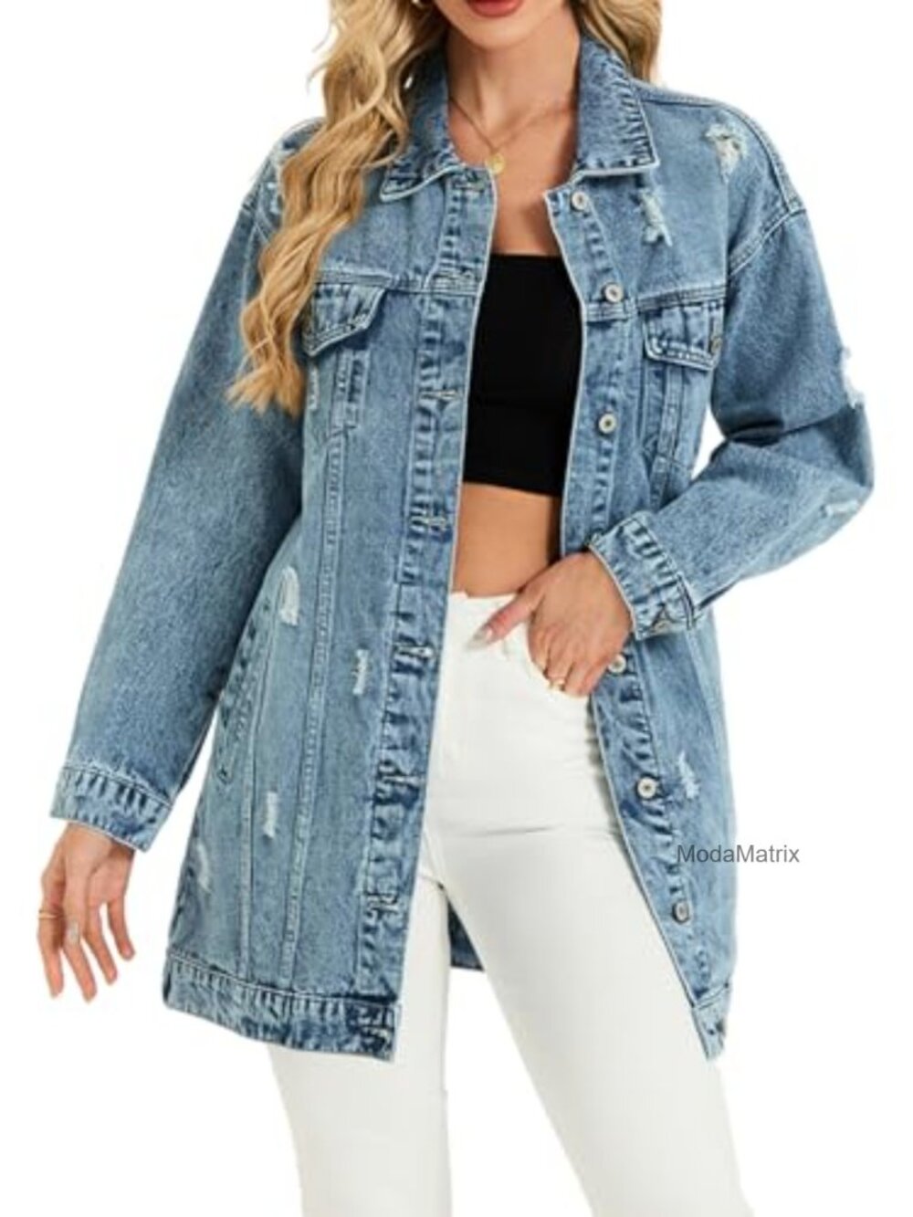 Oversized Long Denim Jacket Women Distressed Midi Jean Coat Trench
